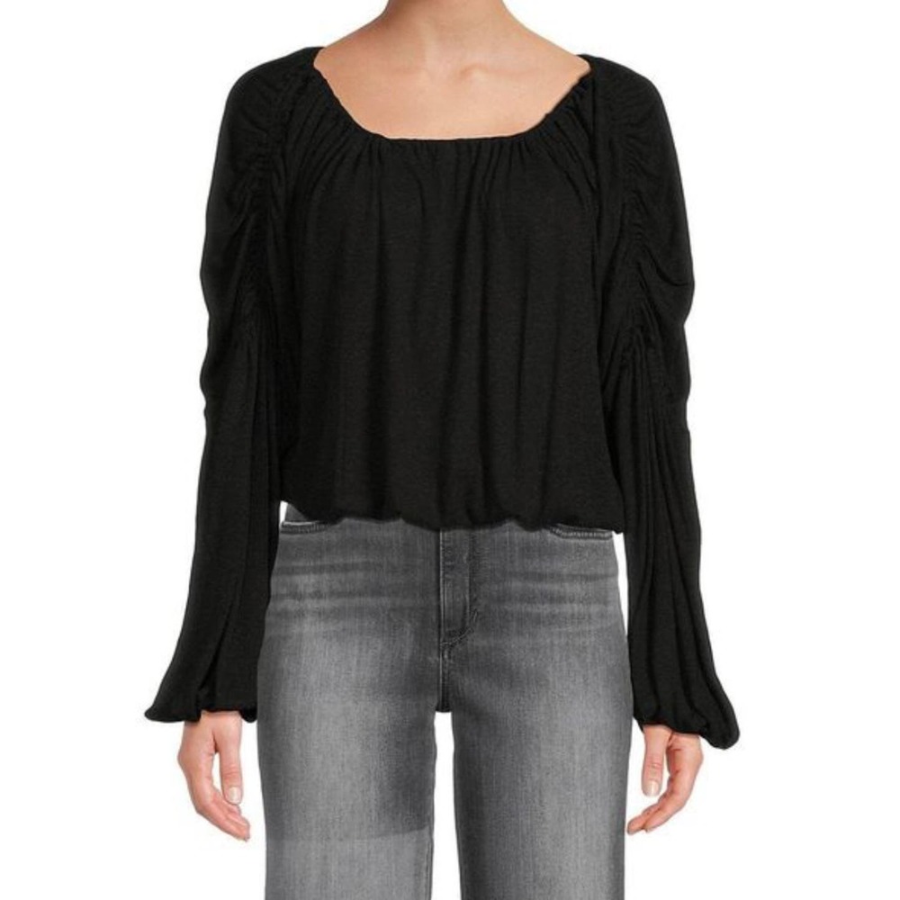 Free People Women's Black A Dream Ruched Long Sleeves Linen Blend Top Size Small